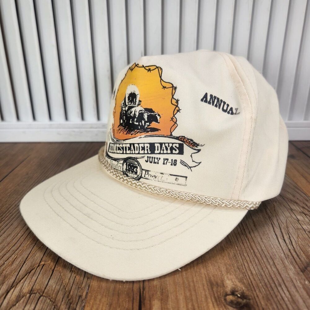 VTG 1993 Homesteader Days Montana Snapback Hat Cap Cream Rope Mountain Men Wagon